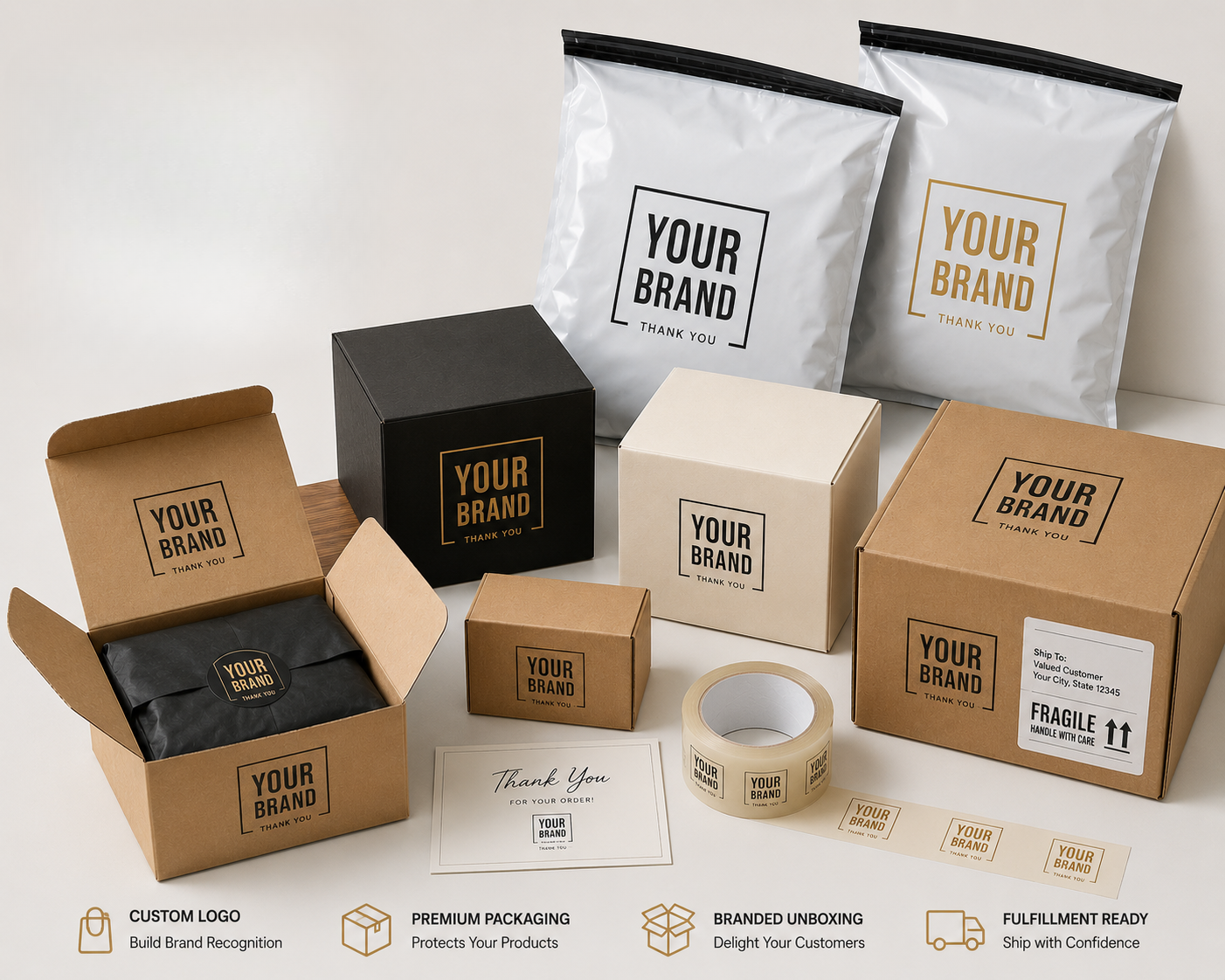 Custom branded shipping mailer and fulfillment packaging