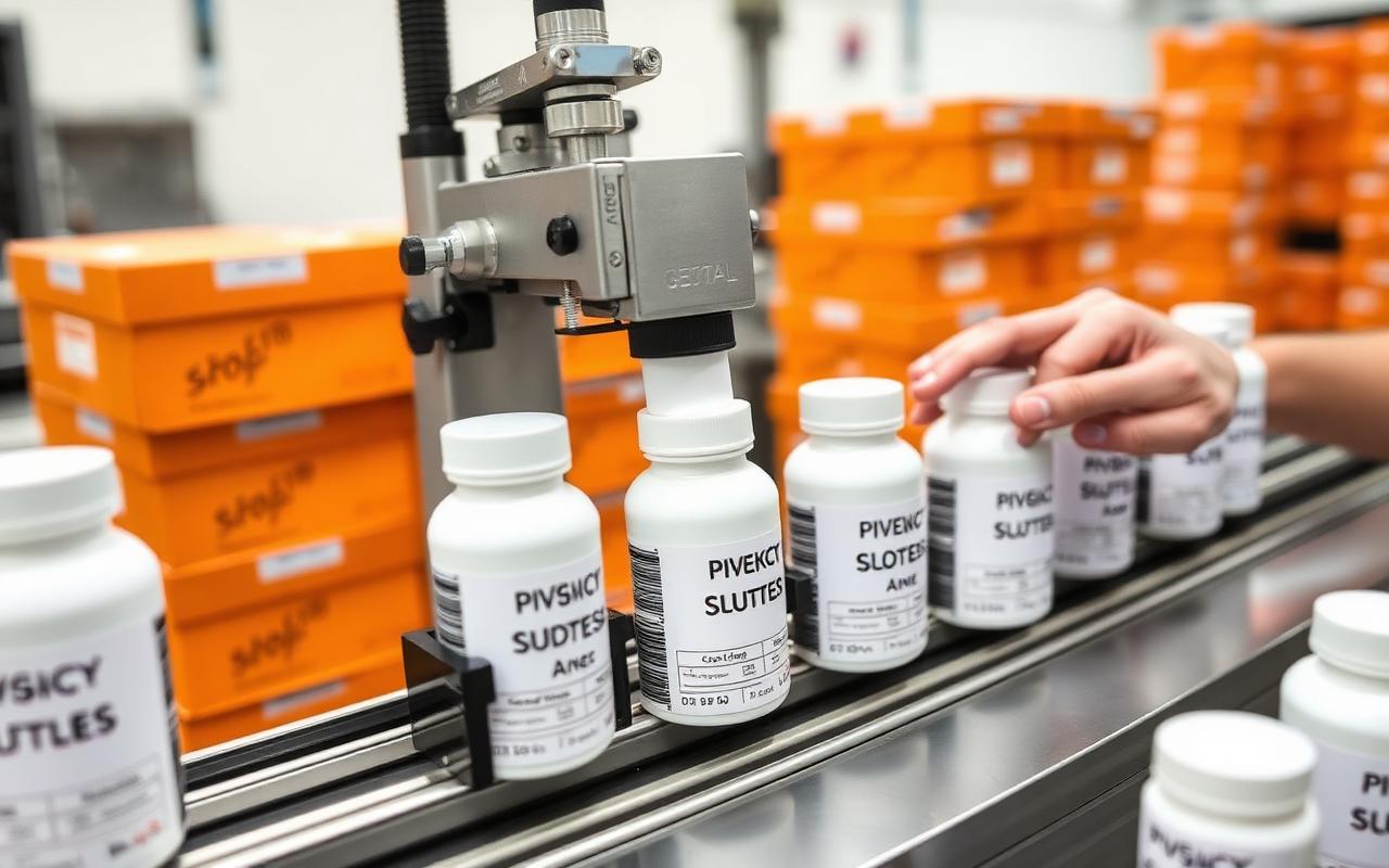 Worker applying custom supplement labels and packaging