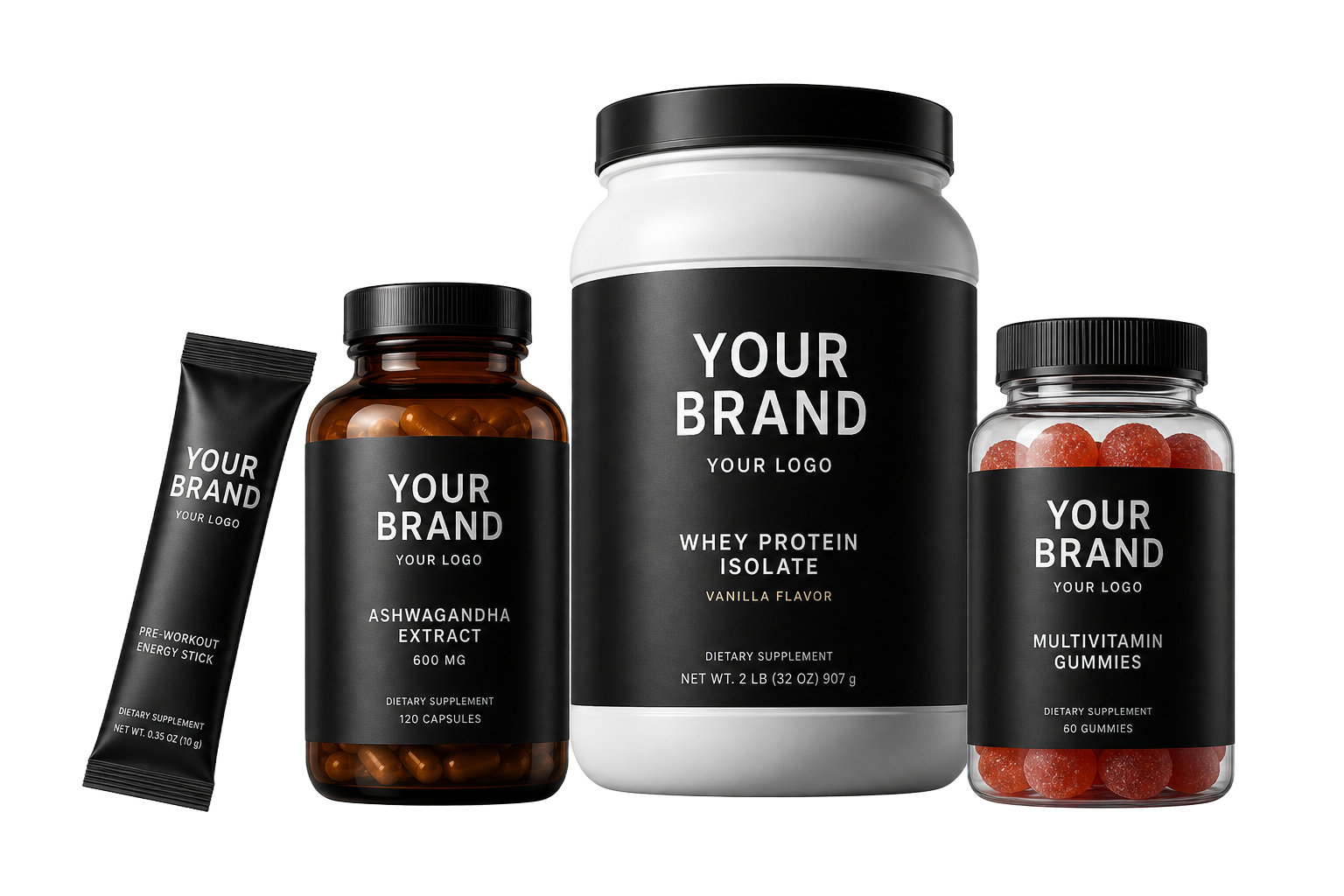 Private label supplement lineup — protein powder pouch, capsule bottle, gummy jar and stick sachet with your brand